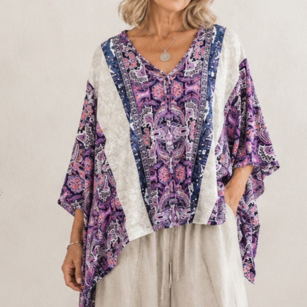 Dana Buchman Poncho Top Women's Size L/XL Purple Paisley Lagenlook Boho Flowy